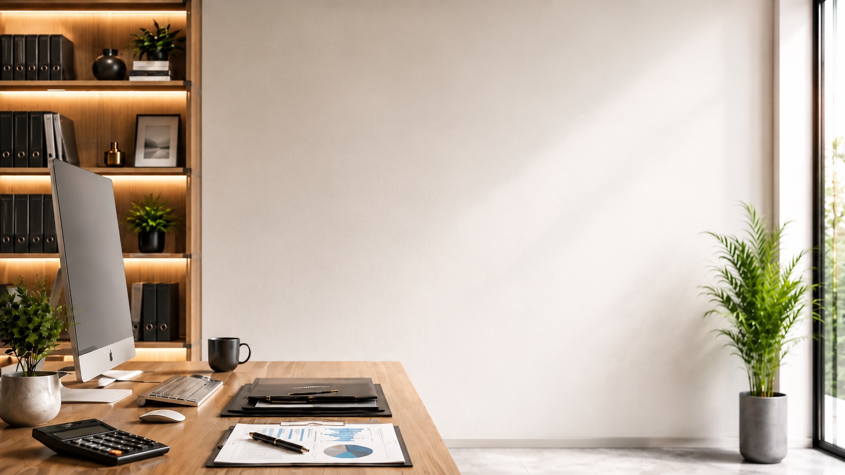 Escritório contábil moderno com computador, relatórios e calculadora